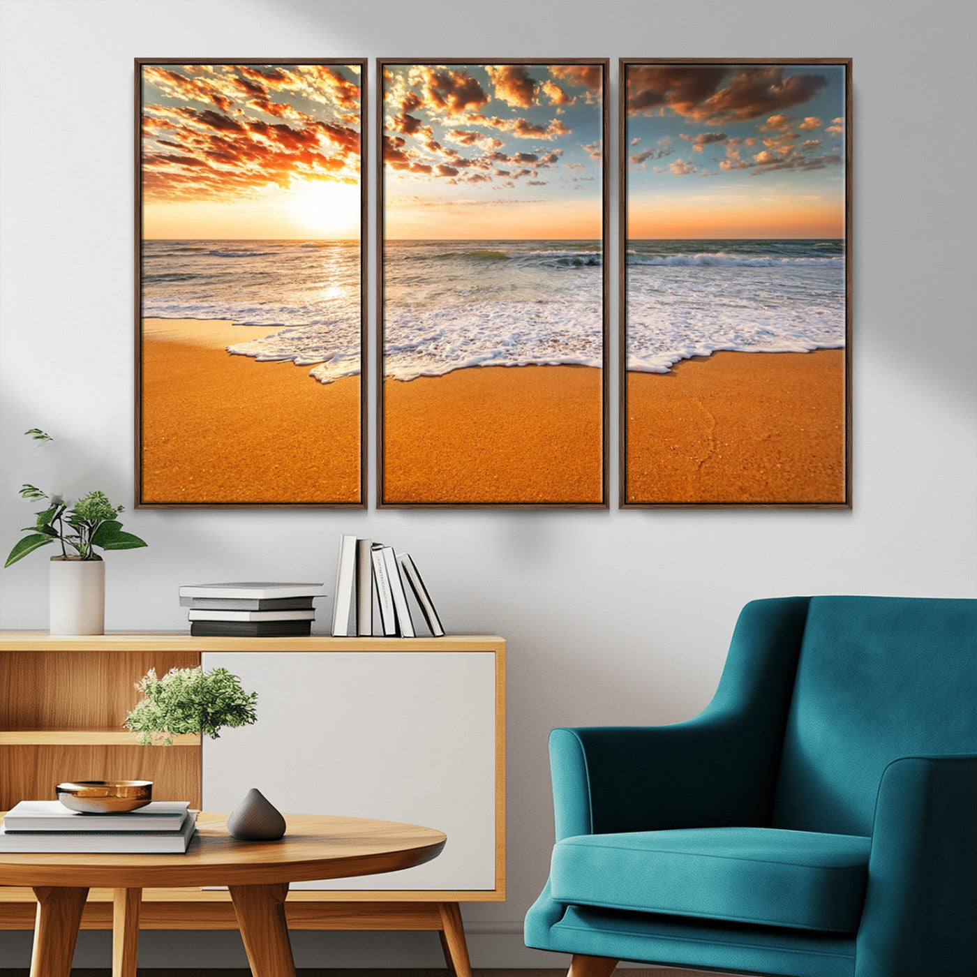 15399-MGV-CV-36X24-Golden Sunrise Beach Wall Art – Ocean Waves on Sandy Shore Canvas Print, Coastal Seascape Decor for Living Room or Bedroom