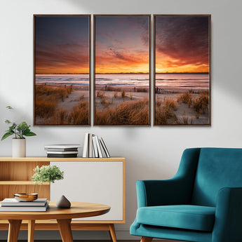 90176-MGV-CV-36X24-Beach Sunset Wall Art – Coastal Sand Dune Canvas Print with Ocean Waves and Dramatic Sky, Seaside Landscape Decor for Living Room