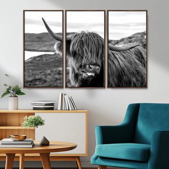 83810-MGV-CV-36X24-Highland Cow Wall Art – Black and White Highland Cattle Print, Rustic Farmhouse Animal Decor for Living Room