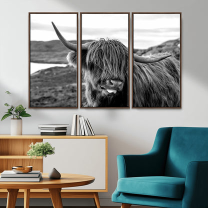 83810-MGV-CV-36X24-Highland Cow Wall Art – Black and White Highland Cattle Print, Rustic Farmhouse Animal Decor for Living Room