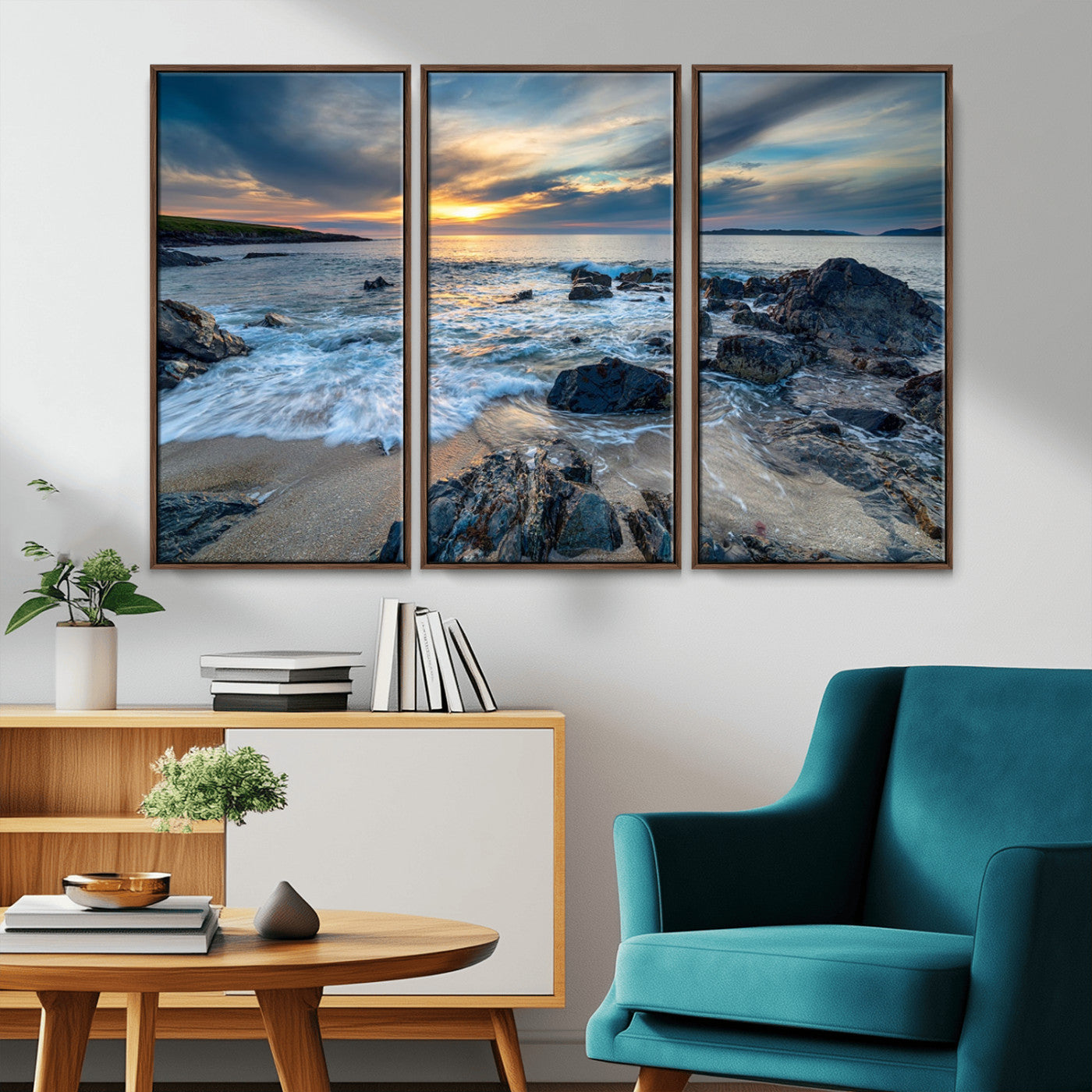 17902-MGV-CV-36X24-Rocky Shore Ocean Sunset Wall Art – Coastal Seascape Canvas Print, Nature Beach Decor for Living Room or Office