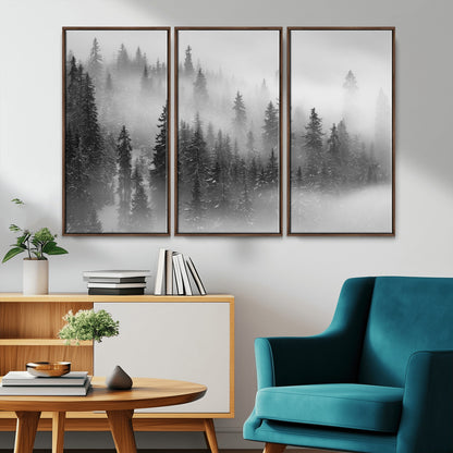 57235-MGV-CV-36X24-Misty Pine Forest Wall Art – Black and White Mountain Landscape Canvas Print, Nature Woodland Decor for Living Room, Bedroom or