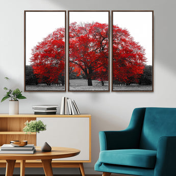 80021-MGV-CV-36X24-Red Tree Wall Art – Striking Black and White Landscape Canvas Print with Vibrant Red Leaves, Modern Nature Decor for Living Room
