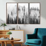 10422-MGV-CV-36X24-Misty Pine Forest Wall Art – Black and White Foggy Landscape Canvas Print, Serene Nature Woodland Decor for Bedroom, Office or