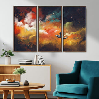 45085-MGV-CV-36X24-Surreal Cosmic Wall Art – Abstract Galaxy Dreamscape Canvas Print with Man and Dog in Boat, Fantasy Nebula Painting for Living