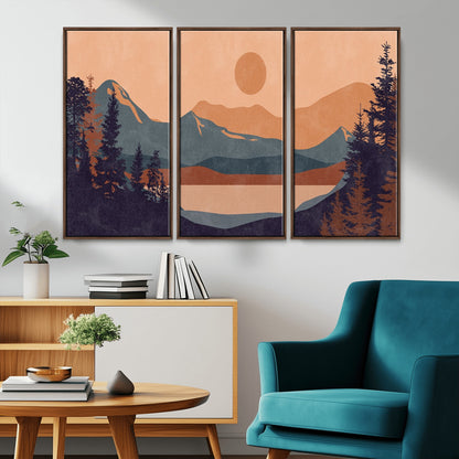 62795-MGV-CV-36X24-Minimalist Mountain Landscape Wall Art – Abstract Sunset Over Peaks and Pine Trees Canvas Print, Modern Nature Decor for Living