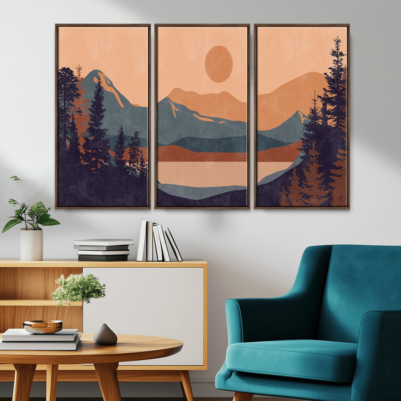62795-MGV-CV-36X24-Minimalist Mountain Landscape Wall Art – Abstract Sunset Over Peaks and Pine Trees Canvas Print, Modern Nature Decor for Living