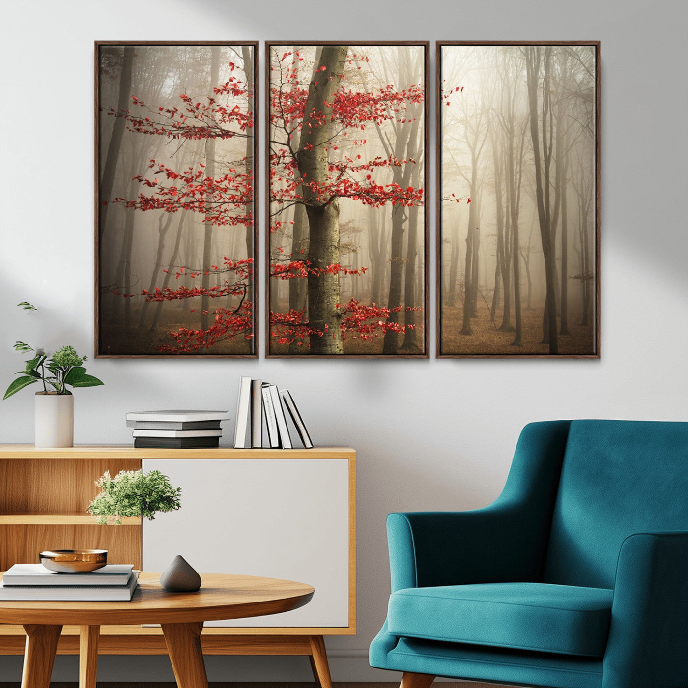 61855-MGV-CV-36X24-Misty Forest Wall Art – Red Tree with Autumn Leaves Canvas Print, Moody Woodland Nature Decor for Living Room, Bedroom, or Office