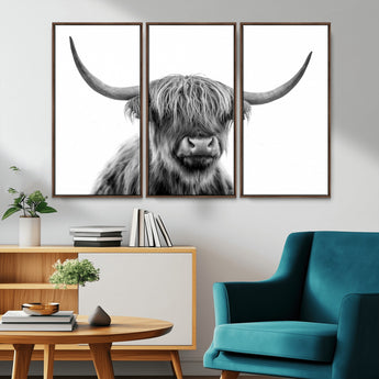 10123-MGV-CV-36X24-Black and White Highland Cow Wall Art – Modern Farmhouse Animal Print, Rustic Scottish Bull Canvas Decor for Living Room, Bedroom,