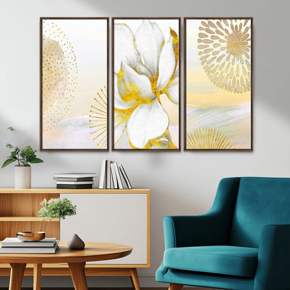 82301-MGV-CV-36X24-Modern Floral Wall Art – White Flower with Gold Detailing Canvas Print, Elegant Abstract Artwork for Living Room, Bedroom, or