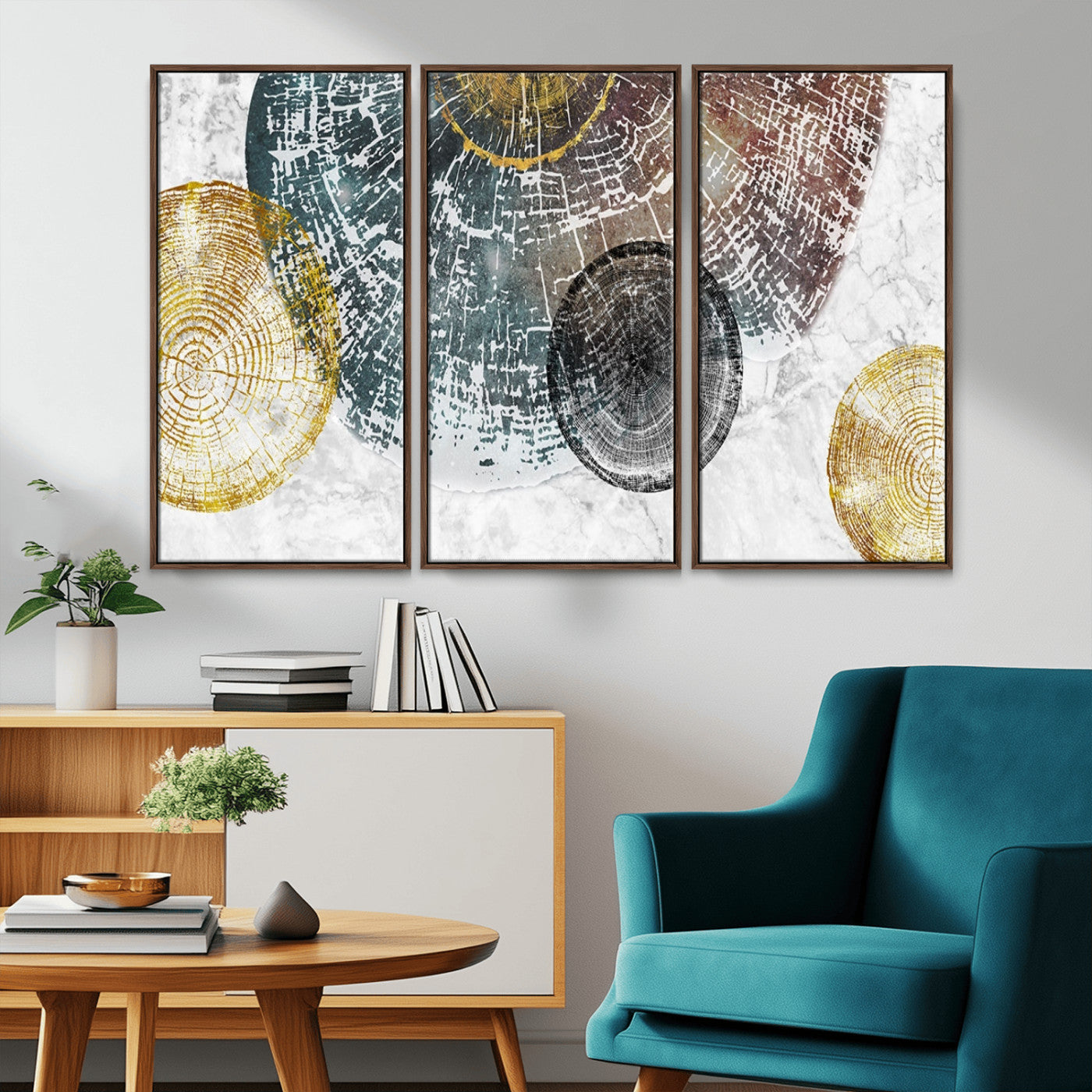 70653-MGV-FC-48X32-3P_Walnut-Abstract Tree Ring Wall Art – Modern Rustic Wood Slice Canvas Print with Gold Accents, Contemporary Nature Decor for Living Room,