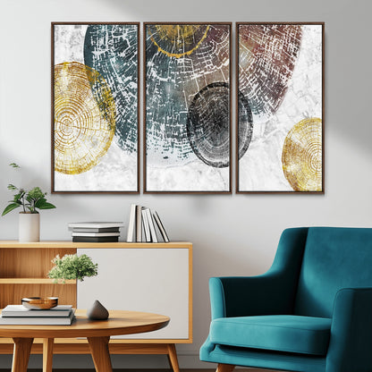 70653-MGV-FC-48X32-3P_Walnut-Abstract Tree Ring Wall Art – Modern Rustic Wood Slice Canvas Print with Gold Accents, Contemporary Nature Decor for Living Room,