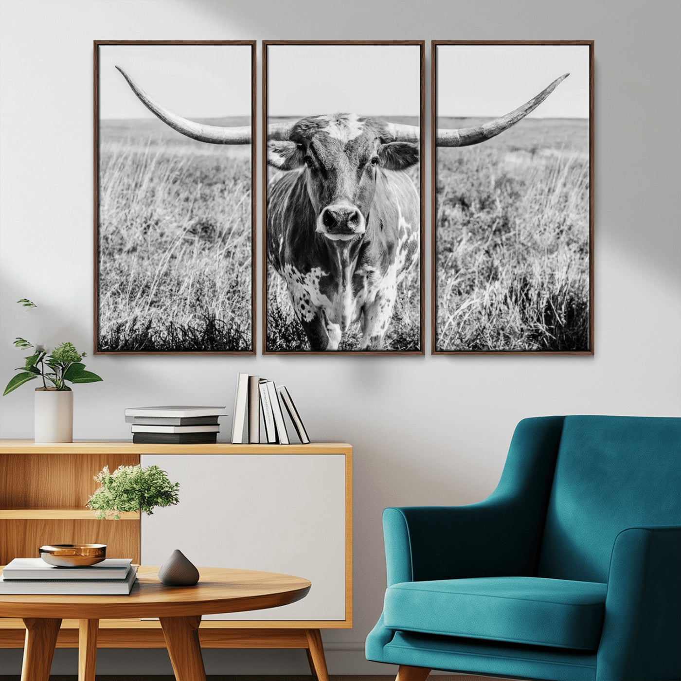 77320-MGV-CV-36X24-Texas Longhorn Wall Art – Black and White Western Cattle Canvas Print, Rustic Farmhouse Animal Photography Decor for Living Room,