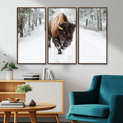 10109-MGV-CV-36X24-Majestic Bison Winter Wall Art – Snowy Forest Buffalo Canvas Print, Rustic Wildlife Photography Decor for Cabin, Lodge, Living