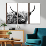 51957-MGV-CV-36X24-Highland Cow Wall Art – Black and White Scottish Highland Bull Canvas Print, Rustic Farmhouse Animal Decor for Living Room,