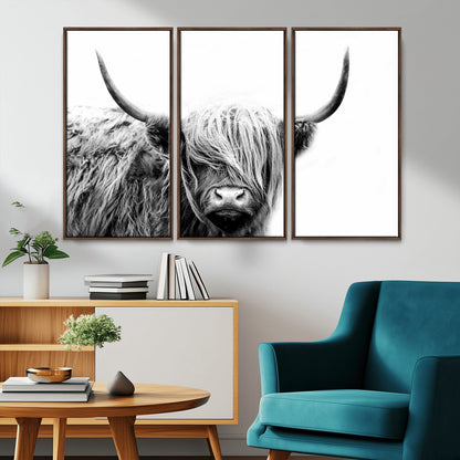 51957-MGV-CV-36X24-Highland Cow Wall Art – Black and White Scottish Highland Bull Canvas Print, Rustic Farmhouse Animal Decor for Living Room,