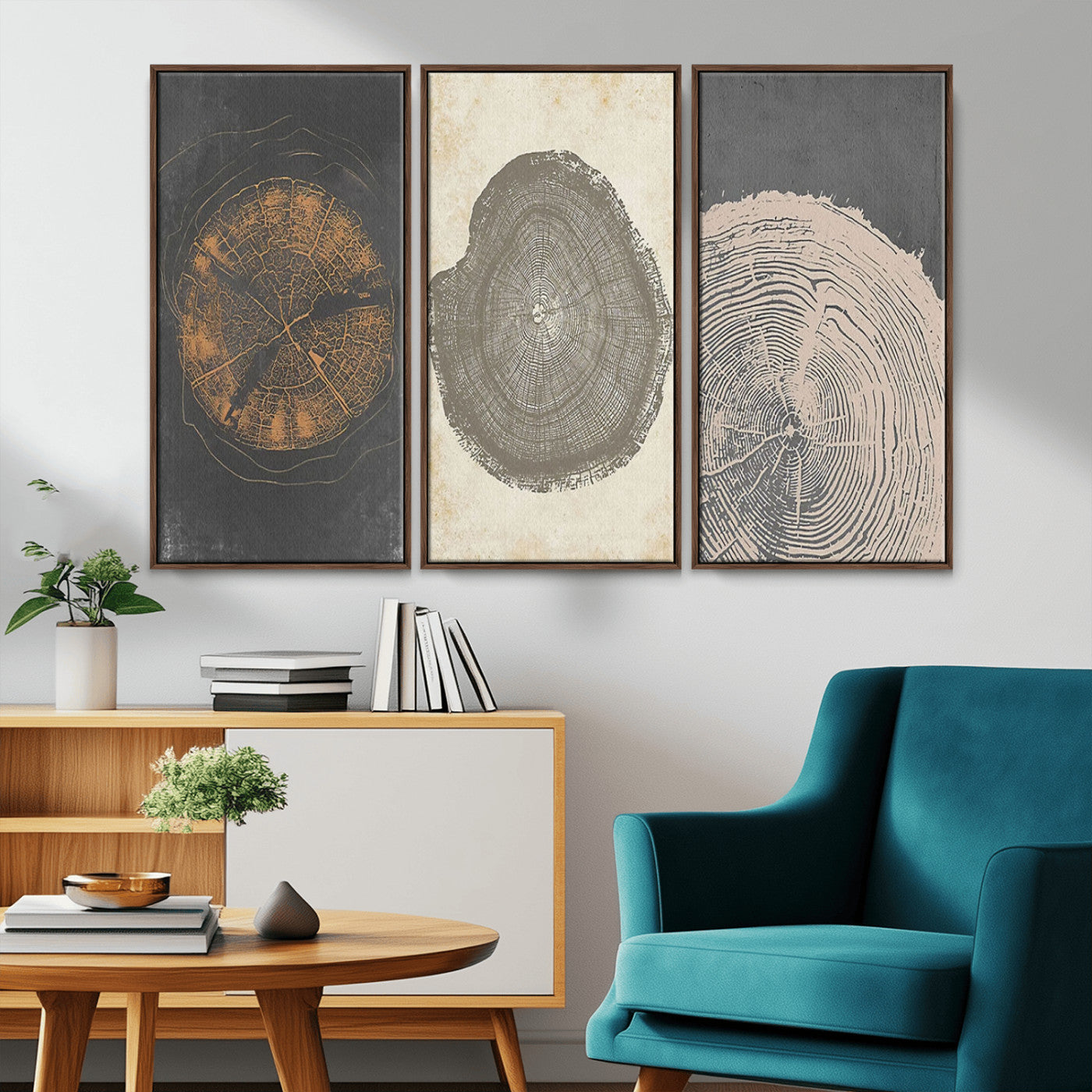 80725-MGV-FC-48X32-3P_Walnut-Wood Tree Rings Wall Art Canvas Print, Framed Tree Rings Art Picture Print, Abstract Tree Rings Perfect Modern Boho Decor Artwork