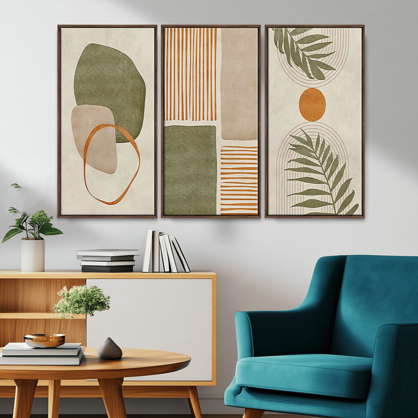 96002-MGV-CV-36X24-Abstract Geometric Wall Art – Modern Canvas Print with Green, Orange & Beige Shapes, Minimalist Home Decor for Living Room, Office