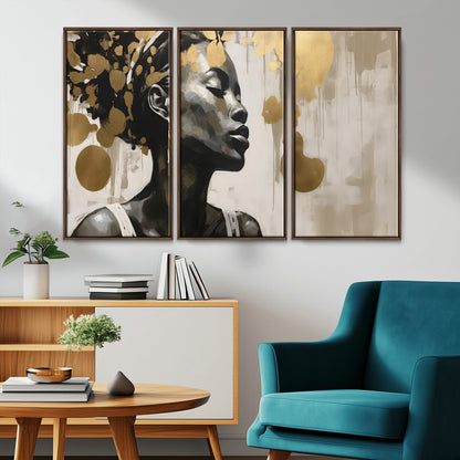 65669-MGV-CV-36X24-Elegant Black Woman Wall Art – Modern Abstract Portrait Canvas with Gold Accents, Contemporary Afrocentric Decor for Living Room