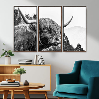 61570-MGV-CV-36X24-Highland Cow Wall Art – Black and White Scottish Bull Canvas Print, Rustic Farmhouse Animal Decor for Living Room, Bedroom, or