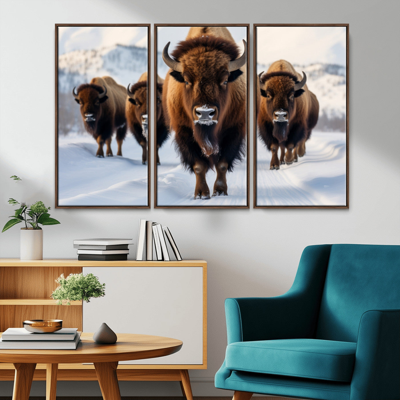 56701-MGV-CV-36X24-Bison Herd Wall Art – Buffalo Walking in Snowy Mountains Canvas Print, Rustic Wildlife Decor for Cabin, Lodge, or Living Room
