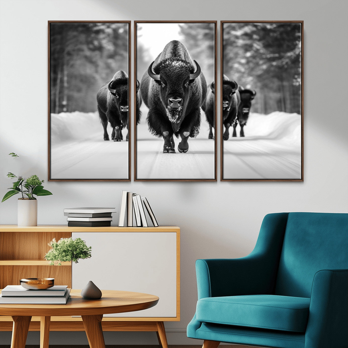 45287-MGV-CV-36X24-Bison Herd Wall Art – Black and White Buffalo Snow Road Canvas Print, Rustic Wildlife Decor for Cabin, Lodge or Living Room