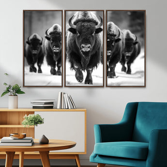 79872-MGV-FC-48X32-3P_Walnut-Bison Herd Wall Art – Black and White Buffalo on Snow Canvas Print, Rustic Wildlife Decor for Lodge, Cabin, or Living Room