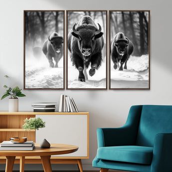 97552-MGV-CV-36X24-Black and White Bison Wall Art – Buffalo Herd Running in Snow Canvas Print, Rustic Wildlife Photography Decor for Cabin, Lodge, or