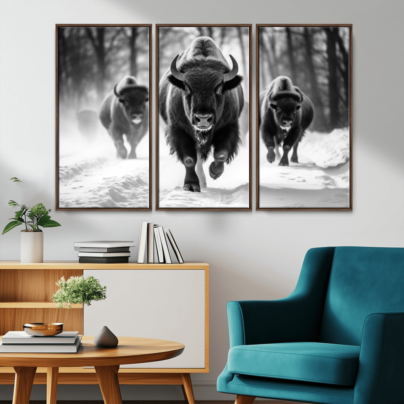 97552-MGV-CV-36X24-Black and White Bison Wall Art – Buffalo Herd Running in Snow Canvas Print, Rustic Wildlife Photography Decor for Cabin, Lodge, or