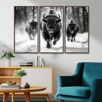 97552-MGV-CV-36X24-Black and White Bison Wall Art – Buffalo Herd Running in Snow Canvas Print, Rustic Wildlife Photography Decor for Cabin, Lodge, or