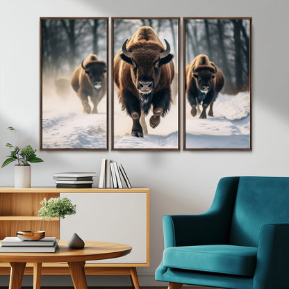 56549-MGV-CV-36X24-Wild Bison Wall Art – Majestic Buffalo Herd Running in Snow Canvas Print, Rustic Wildlife Photography Decor for Cabin, Lodge, or