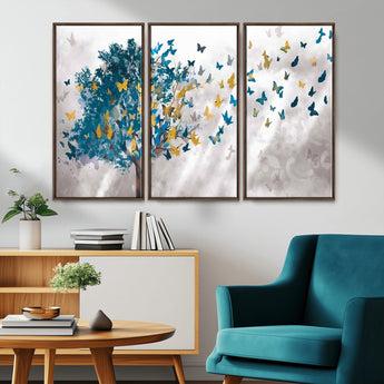 37564-MGV-CV-36X24-Butterfly Tree Wall Art – Modern Nature Canvas Print with Blue and Golden Butterflies, Elegant Decorative Painting for Living Room