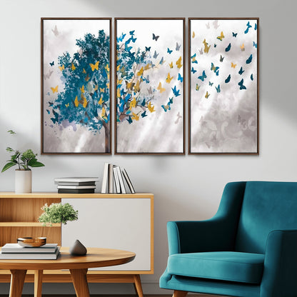 37564-MGV-CV-36X24-Butterfly Tree Wall Art – Modern Nature Canvas Print with Blue and Golden Butterflies, Elegant Decorative Painting for Living Room