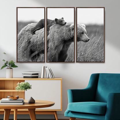 76338-MGV-CV-36X24-Mother Bear and Cub Wall Art – Black and White Wildlife Canvas Print, Rustic Nature Photography for Cabin, Living Room or Office