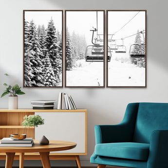 70609-MGV-CV-36X24-Snowy Ski Lift Wall Art – Black and White Winter Mountain Landscape Canvas Print, Rustic Lodge Decor for Cabin, Living Room or