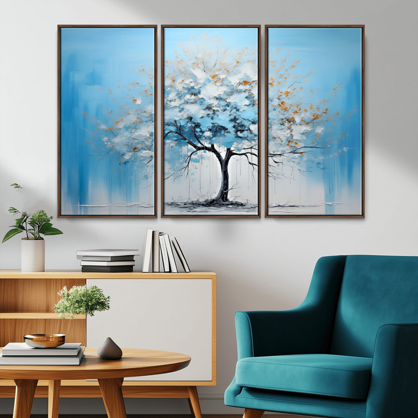 25021-MGV-CV-36X24-Abstract Tree Wall Art – Blue and White Canvas Painting with Gold Accents, Modern Nature-Inspired Artwork for Living Room, Bedroom