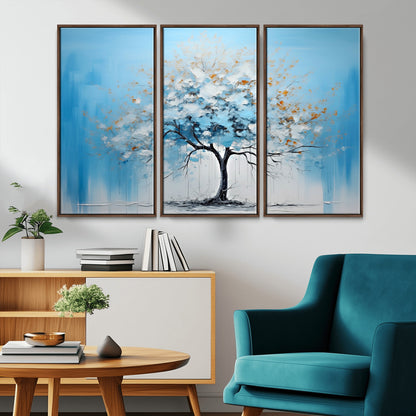 25021-MGV-CV-36X24-Abstract Tree Wall Art – Blue and White Canvas Painting with Gold Accents, Modern Nature-Inspired Artwork for Living Room, Bedroom