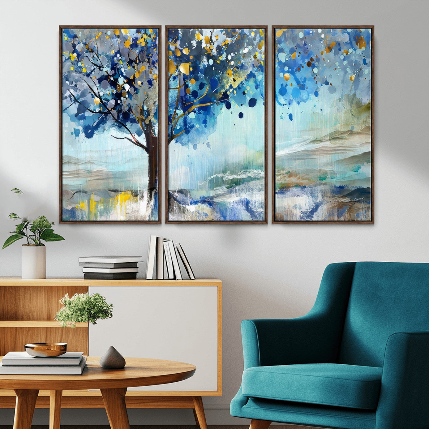 17018-MGV-CV-36X24-Abstract Blue Tree Wall Art – Colorful Canvas Painting with Gold and Silver Accents, Modern Nature Artwork for Living Room,