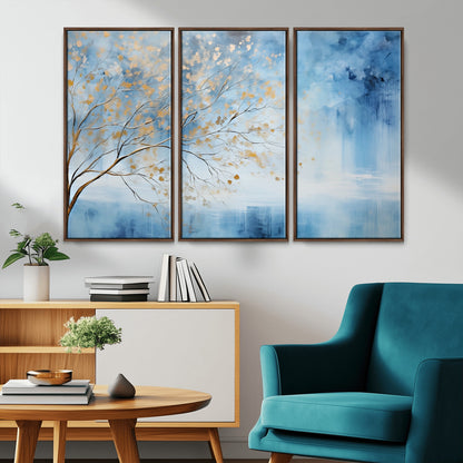 23891-MGV-CV-36X24-Abstract Tree Wall Art – Minimalist Blue and Gold Canvas Painting, Elegant Nature-Inspired Artwork for Living Room, Bedroom or