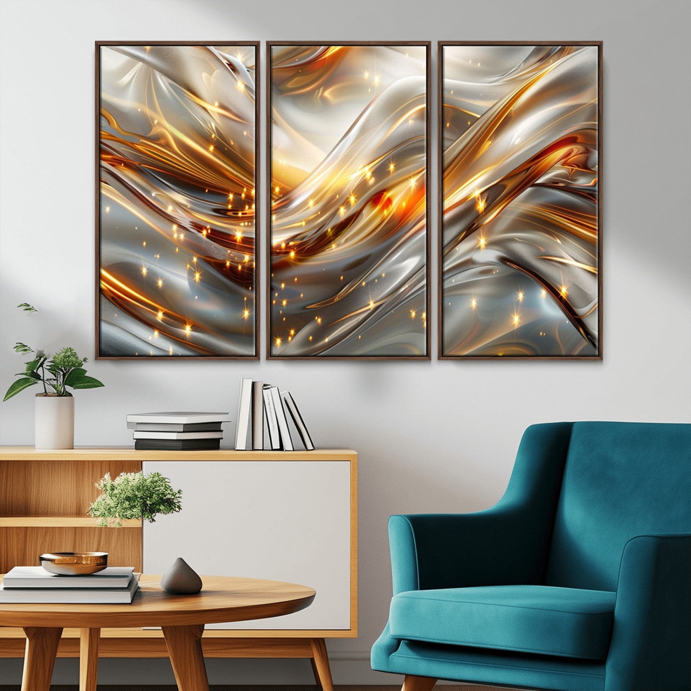 Lines1-MGV-CV-36X24-Abstract Metallic Wall Art – Silver and Gold Wave Canvas Print with Sparkling Accents, Modern Luxury Decor for Living Room, Office