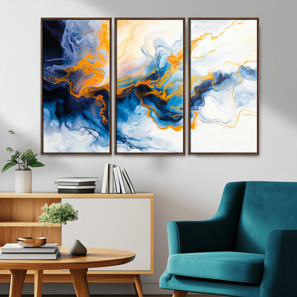 83720-MGV-CV-36X24-Abstract Fluid Wall Art – Blue, White and Gold Swirl Canvas Painting, Modern Contemporary Artwork for Living Room, Bedroom or