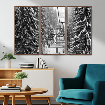 19240-MGV-CV-36X24-Ski Lift Wall Art – Black and White Winter Mountain Canvas Print, Snowy Forest Ski Resort Photography for Cabin, Lodge, Office or