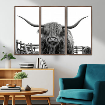 58188-MGV-CV-36X24-Highland Cow Wall Art – Black and White Rustic Farmhouse Canvas Print, Longhorn Cattle Photography Decor for Living Room or