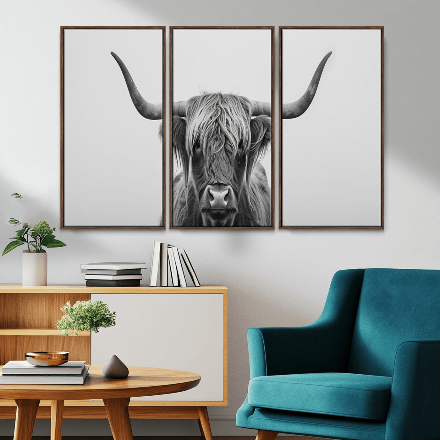 35820-MGV-CV-36X24-Minimalist Highland Cow Wall Art – Black and White Longhorn Cattle Canvas Print, Modern Farmhouse Animal Photography Decor for