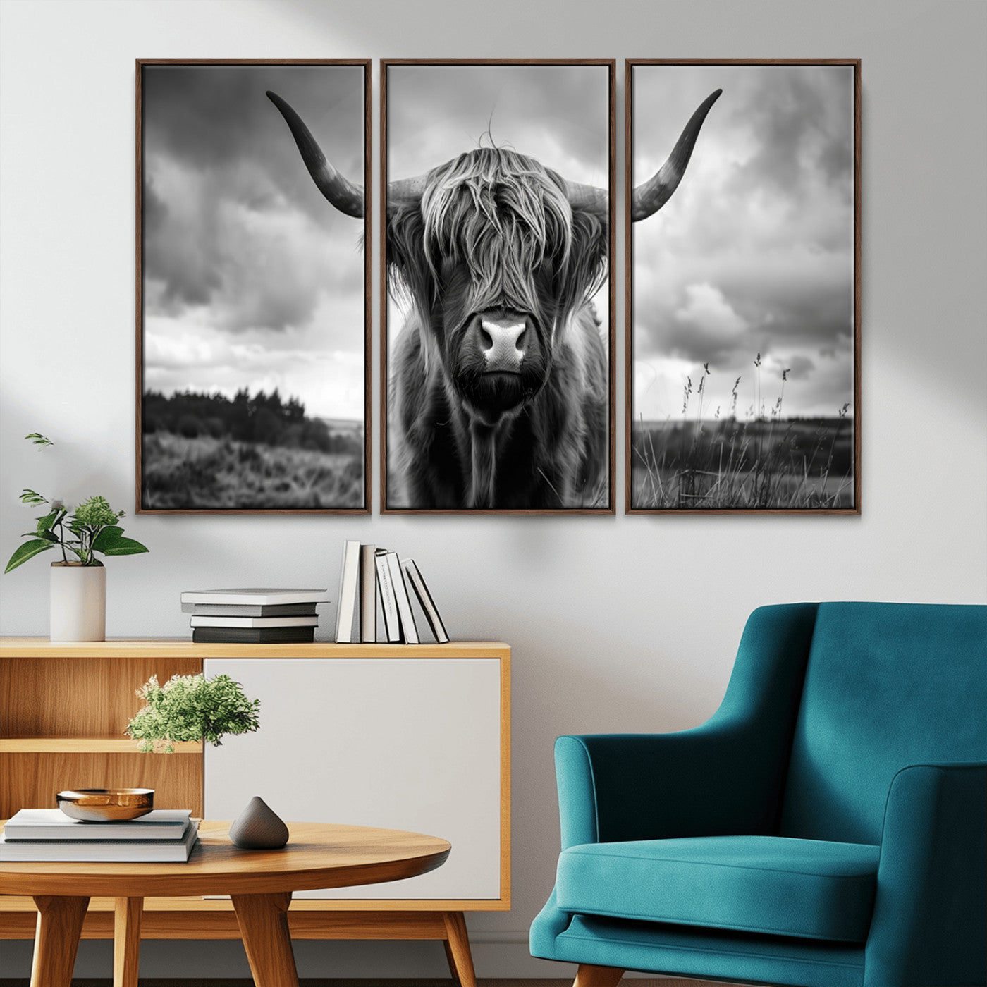 17924-MGV-CV-36X24-Highland Cow Wall Art – Black and White Rustic Longhorn Cattle Canvas Print, Farmhouse Animal Photography Decor for Country Home
