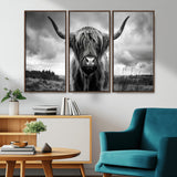 17924-MGV-CV-36X24-Highland Cow Wall Art – Black and White Rustic Longhorn Cattle Canvas Print, Farmhouse Animal Photography Decor for Country Home