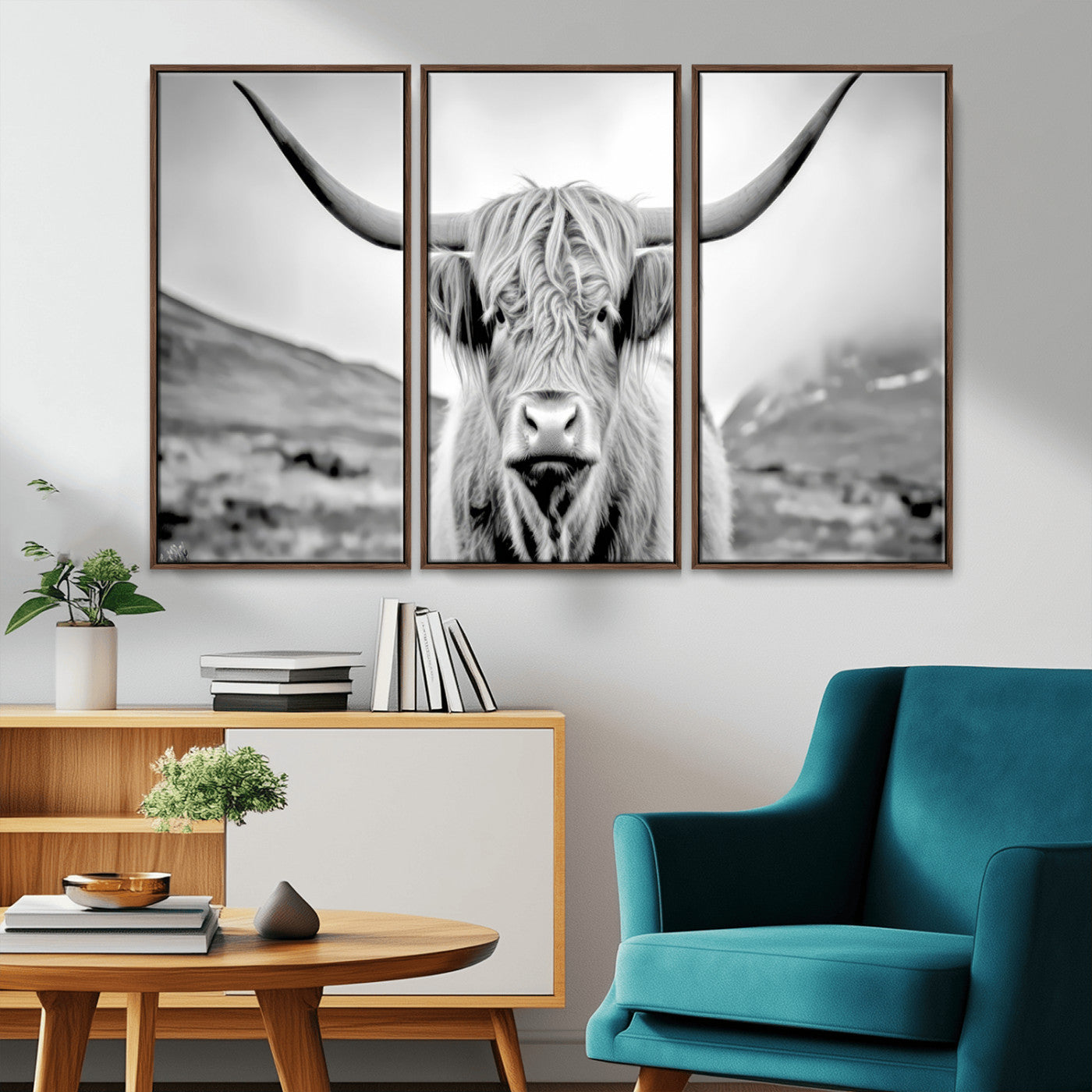 80564-MGV-FC-48X32-3P_Walnut-Highland Cow Wall Art – Black and White Scottish Highland Canvas Print, Rustic Farmhouse Decor for Living Room, Bedroom or Office