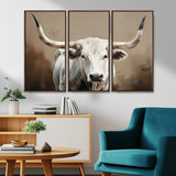 61423-MGV-FC-48X32-3P_Walnut-Longhorn Bull Wall Art – Rustic Western Texas Steer Canvas Print, Cowboy Farmhouse Decor for Living Room, Bedroom, Office or Ranch