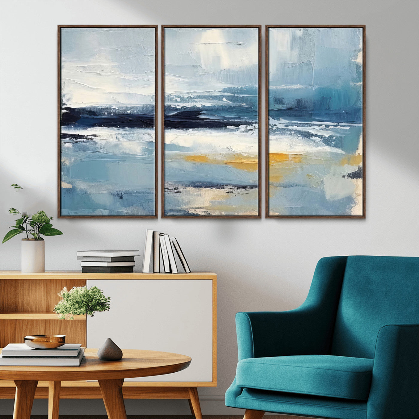 19746-MGV-CV-36X24-Abstract Ocean Wall Art – Modern Coastal Canvas Print with Blue, White and Gold Textures, Contemporary Seascape Painting for