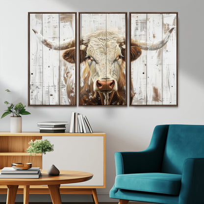 71551-MGV-CV-36X24-Longhorn Bull Wall Art – Rustic Western Cow Canvas Print, Farmhouse Animal Painting with Wood Plank Style for Living Room, Office